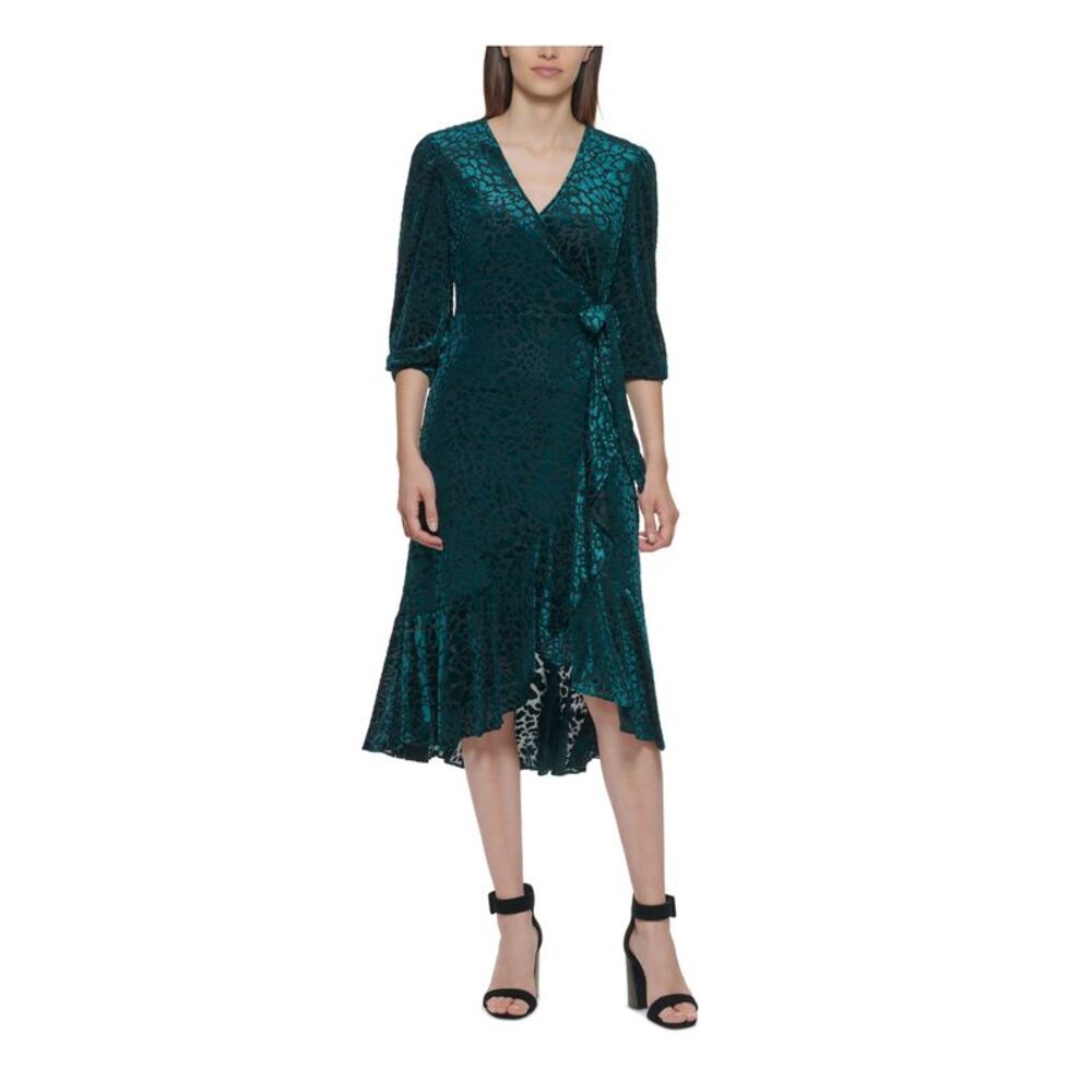 CALVIN KLEIN Womens Green Self-tie Belt Hem 3/4 Sleeve Midi Dress Petites 2P